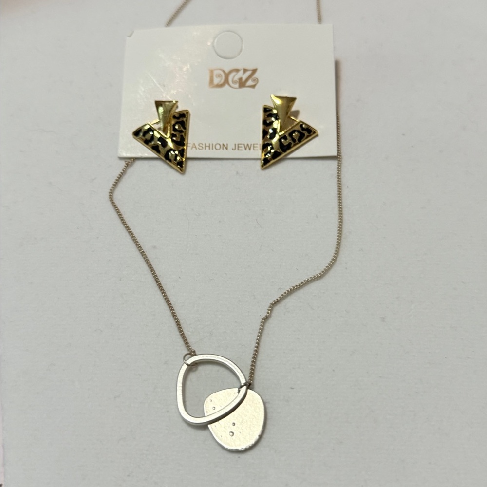 Gold tone Earrings V and Silver tone Necklace